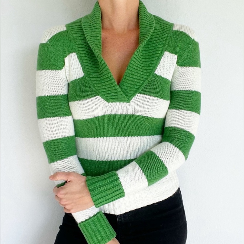 American Eagle Y2K Green White Striped Cable Knit V Neck Collared Sweater Size S
